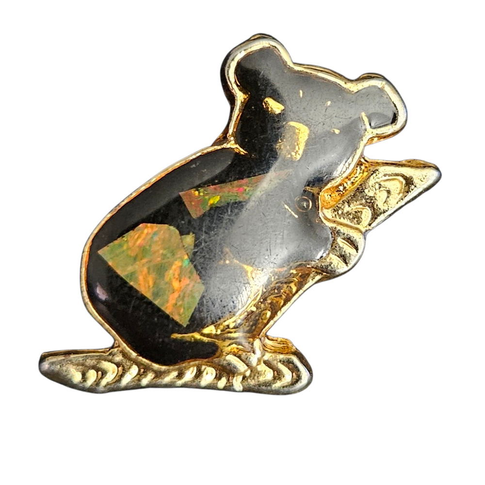 Vintage Koala Bear Brooch Black Opal Style Inlay Gold Tone Pin